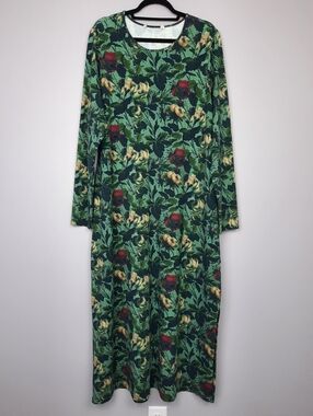 Peruvian Connection Olive Green Rose Print Pima Cotton Jersey Maxi Dress XXL